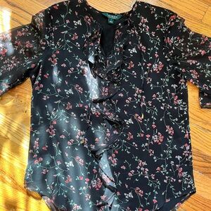 Lauren By Ralph Lauren Sheer Black Floral Blouse